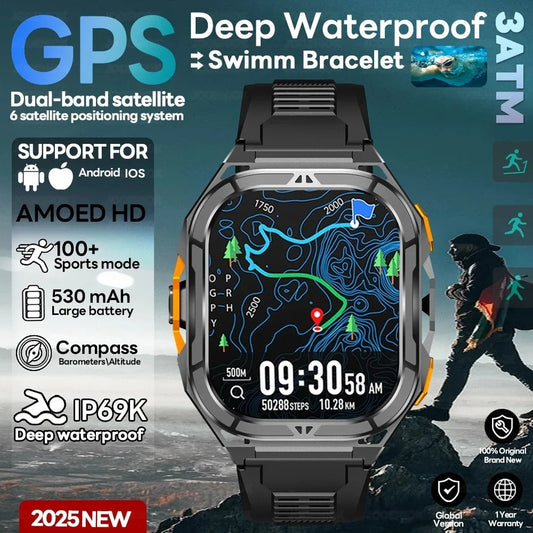 2025 GPS Smart Watch for Men – 1.96” HD AMOLED Display, Compass, Bluetooth Call & 5ATM Waterproof Sport Smartwatch (Android/iOS)