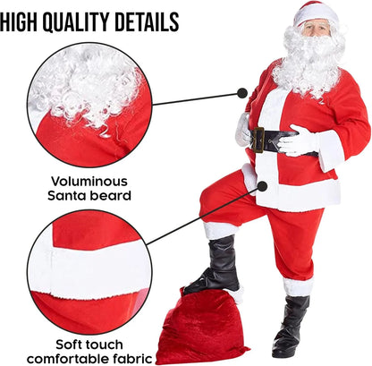 Christmas Santa Claus Costume Men's Luxurious Long Plush Gold Velvet Set Red Gift Bag Set of 8 Pieces