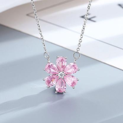 FCGJHW Pink Zircon Crystal Flower Jewelry Set – Fashion Wedding Necklace, Earrings, Bracelet & Ring for Women