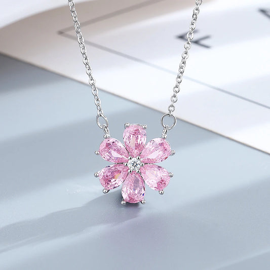 FCGJHW Pink Zircon Crystal Flower Jewelry Set – Fashion Wedding Necklace, Earrings, Bracelet & Ring for Women