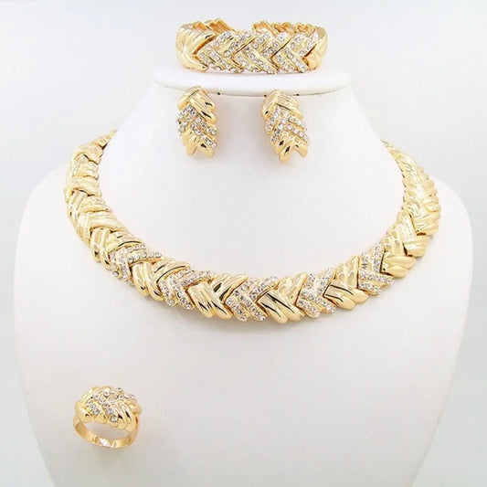 18K Gold Plated Crystal Jewelry Set for Women – Clear Rhinestone Necklace & Earrings Elegant Fashion Accessories Gift