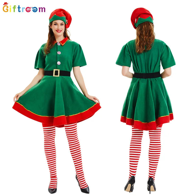 2025 New Christmas Children's and Adult Christmas Elf Costumes, Santa Claus Green Elf Costumes, Cosplay Halloween Costume Set
