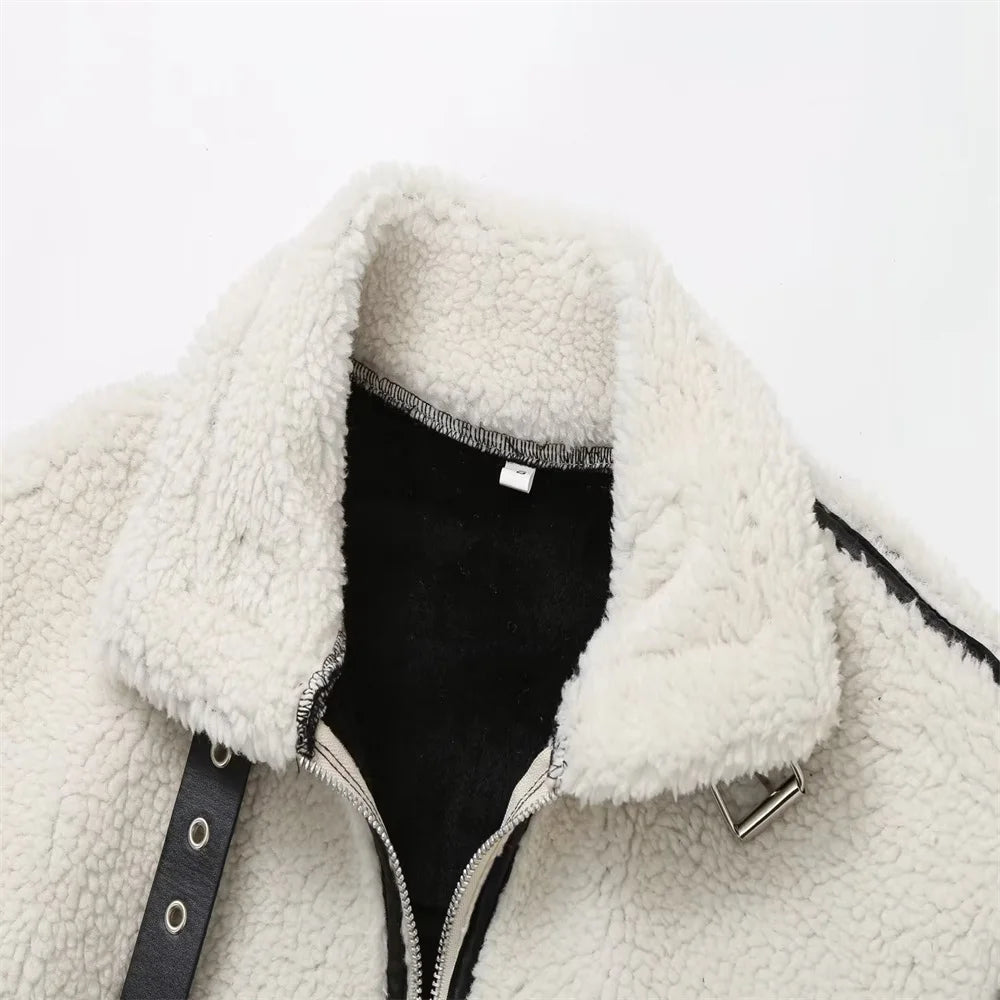 Women’s Contrast Plush Lamb Wool Jacket – 2023 Autumn European & American Casual Fur One-Piece Coat