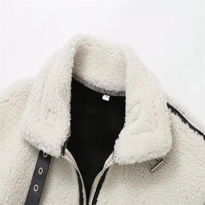 Women’s Contrast Plush Lamb Wool Jacket – 2023 Autumn European & American Casual Fur One-Piece Coat