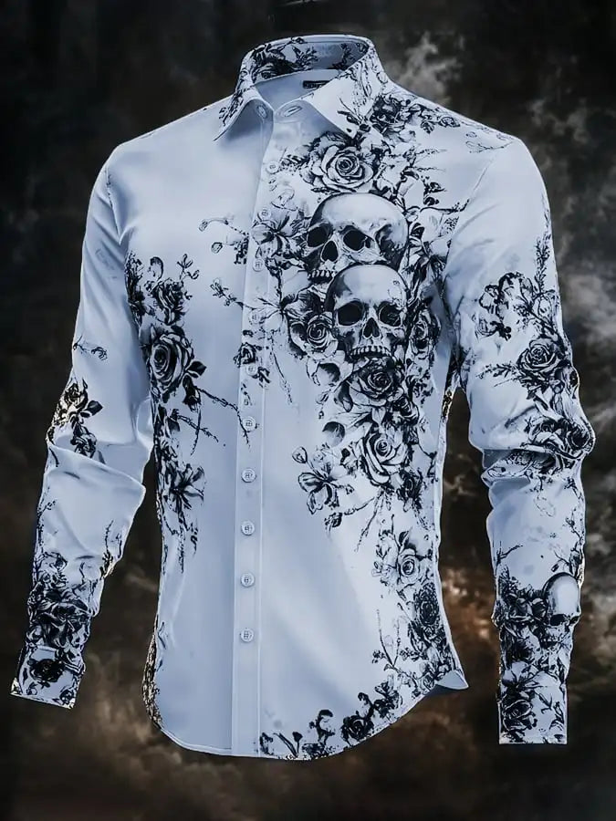 2025 Halloween Men’s Costume Shirt – Skull Print Button-Up Long Sleeve Casual Dress Shirt, Dark Gothic Style