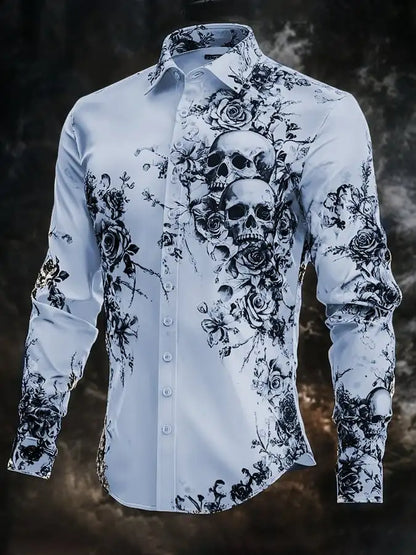 2025 Halloween Men’s Costume Shirt – Skull Print Button-Up Long Sleeve Casual Dress Shirt, Dark Gothic Style