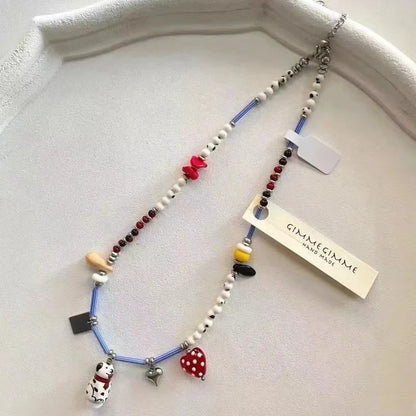 Harajuku Y2K Colorful Beaded Bow Pendant Necklace – Aesthetic Acrylic Jewelry for Women & Party Wear