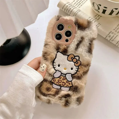 Y2k Hello Kitty Kawaii Plush Leopard Print Phone Case for Iphone 16 15 14 13 12 Pro Max Anime Autumn Winter Warm Soft Cover Gift