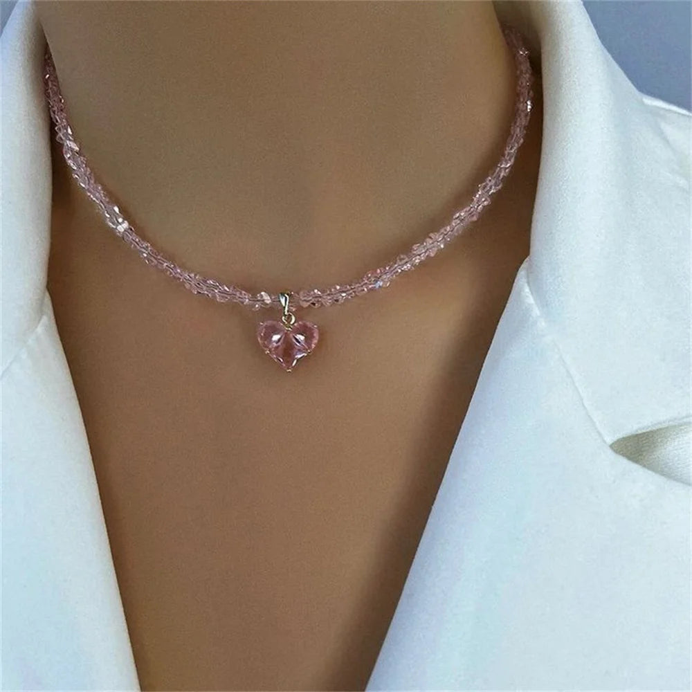 Vintage Zircon Heart Pendant Necklace for Women Boho Crystal Chain Jewelry