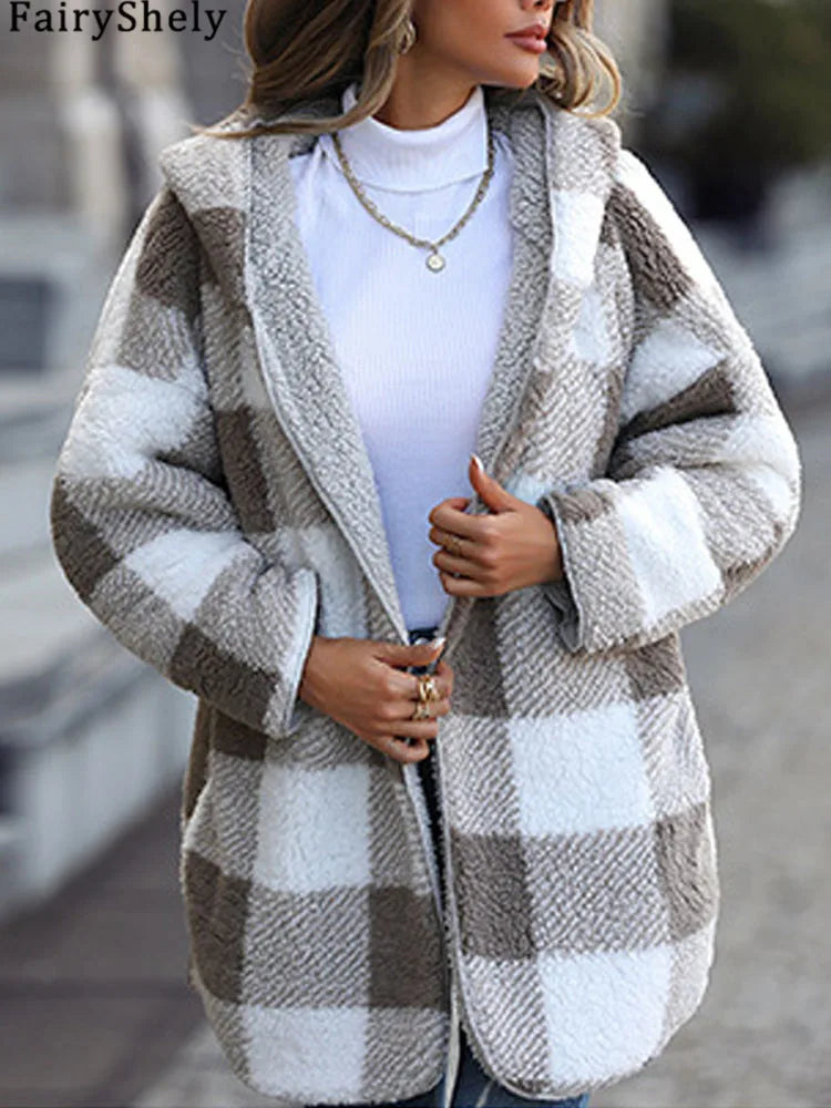 Women’s Plush Hooded Plaid Coat – Elegant Thick Two-Sided Long Winter Jacket 2025