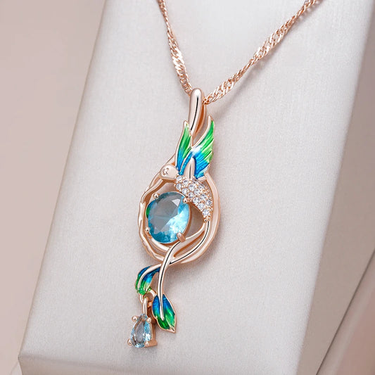 Kinel Colorful Enamel Peacock Pendant Necklace – 585 Rose Gold Color with Blue Zircon, Elegant Daily Jewelry for Women