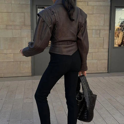 Women’s Faux Leather Belted Corset Jacket – 2025 Autumn/Winter Oversized Dropped Shoulder Coat