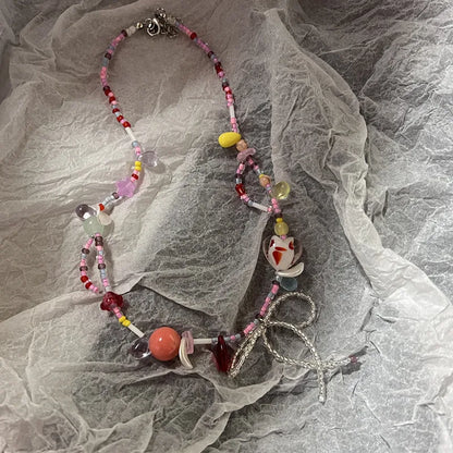 Harajuku Y2K Colorful Beaded Bow Pendant Necklace – Aesthetic Acrylic Jewelry for Women & Party Wear