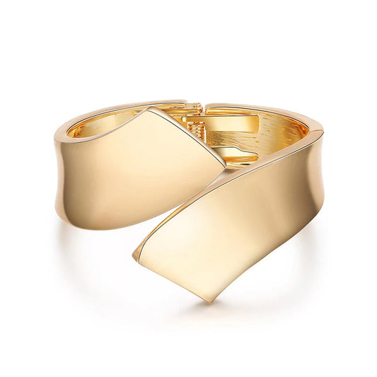 Foxanry Gold Geometric Cuff Bracelet – Minimalist Smooth Bangle for Women & Couples, Elegant Wedding Jewelry