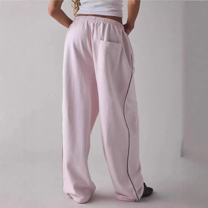 Women’s Pink Embroidered Casual Pants – Loose Straight-Leg Trousers with Elastic Waist | 2025 New Fashion