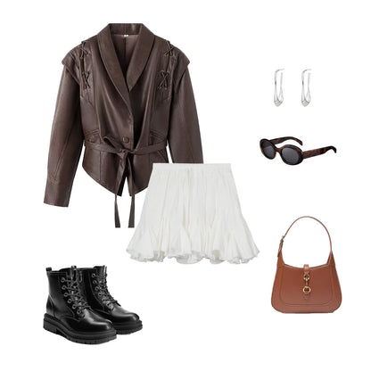 Women’s Faux Leather Belted Corset Jacket – 2025 Autumn/Winter Oversized Dropped Shoulder Coat