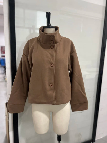 Women’s Wool Blend High Collar Jacket – Vintage Casual Autumn Winter Coat
