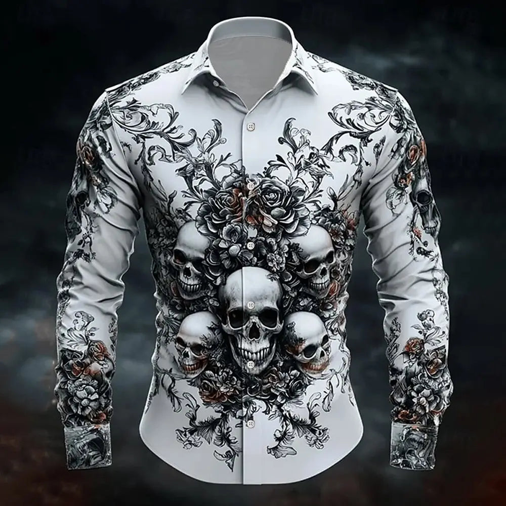 2025 Halloween Men’s Costume Shirt – Skull Print Button-Up Long Sleeve Casual Dress Shirt, Dark Gothic Style
