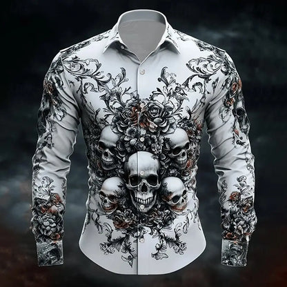 2025 Halloween Men’s Costume Shirt – Skull Print Button-Up Long Sleeve Casual Dress Shirt, Dark Gothic Style