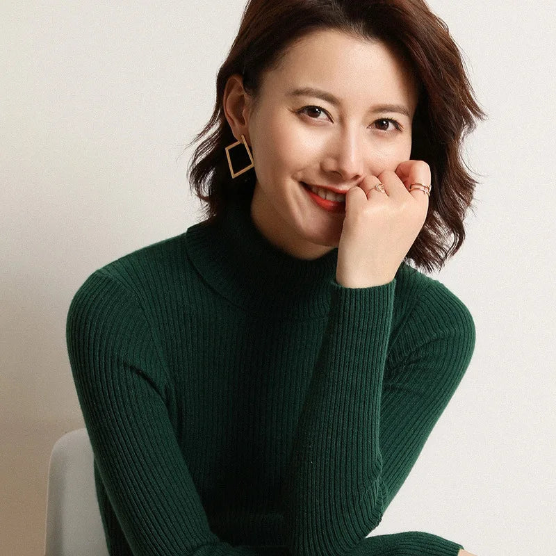 Women’s Slim Fit High Neck Sweater – Korean Style Knitted Pullover for Autumn/Winter