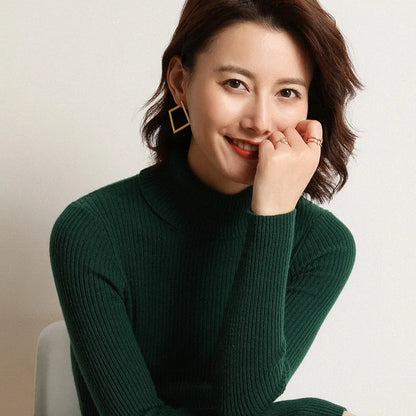 Women’s Slim Fit High Neck Sweater – Korean Style Knitted Pullover for Autumn/Winter