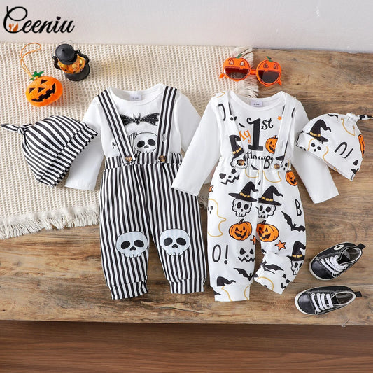 Ceeniu My First Halloween Baby Outfit – Boys Long Sleeve Letter Romper with Suspender Pants & Hat, Newborn Costume