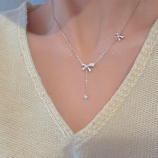 Elegant Zircon Crystal Bow Pendant Necklace – Exquisite Bowknot Tassel Clavicle Chain Jewelry Gift for Women
