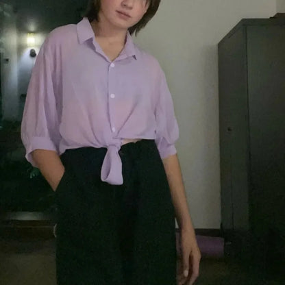 Women’s Elegant White Chiffon Blouse – Loose Fit Tied Waist Hollow Design Bat Sleeve Summer Shirt