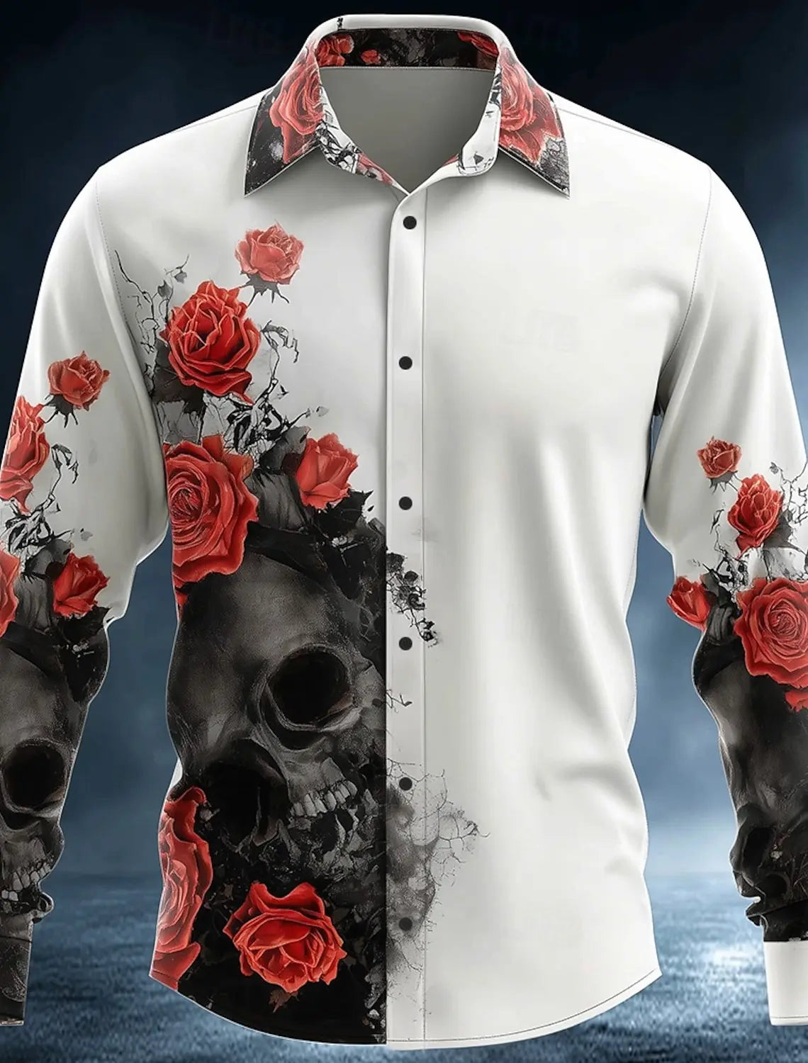 2025 Halloween Men’s Costume Shirt – Skull Print Button-Up Long Sleeve Casual Dress Shirt, Dark Gothic Style