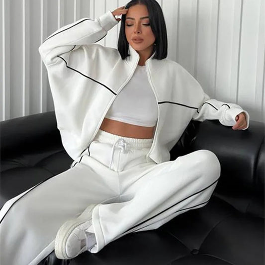 Women’s 2-Piece Tracksuit Set – Long Sleeve Half High Collar Cardigan Sweater & Trousers Casual Sportswear
