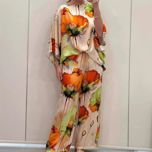 Women’s Satin Two-Piece Set – Summer Printed Round Neck Top & Wide-Leg Pants | Elegant Casual Fashion Outfit 2025
