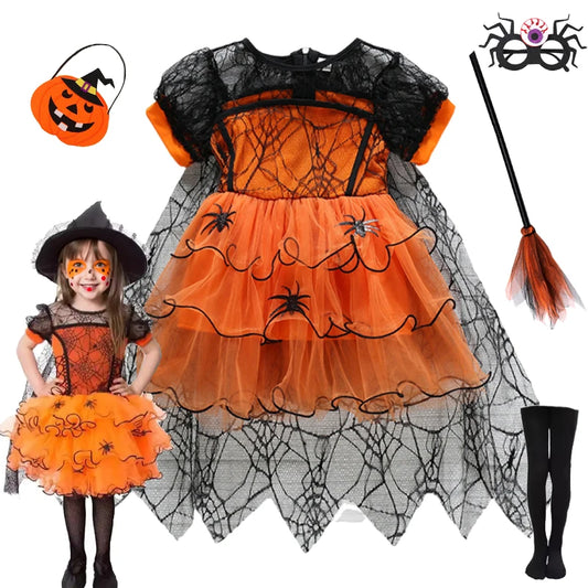 2–7Y Halloween Witch Cosplay Dress – Cute Spider Mesh Cape Outfit for Baby & Kids, Carnival Party Costume