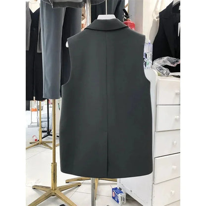 Women’s Sleeveless Black Blazer Vest – Peak Lapel Oversize Suit Coat | 2025 Elegant Korean OL Style Fashion Blazer