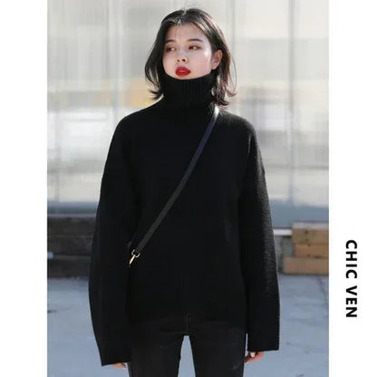 Women’s Loose Turtleneck Sweater – CHIC VEN Korean Style Warm Knit Pullover