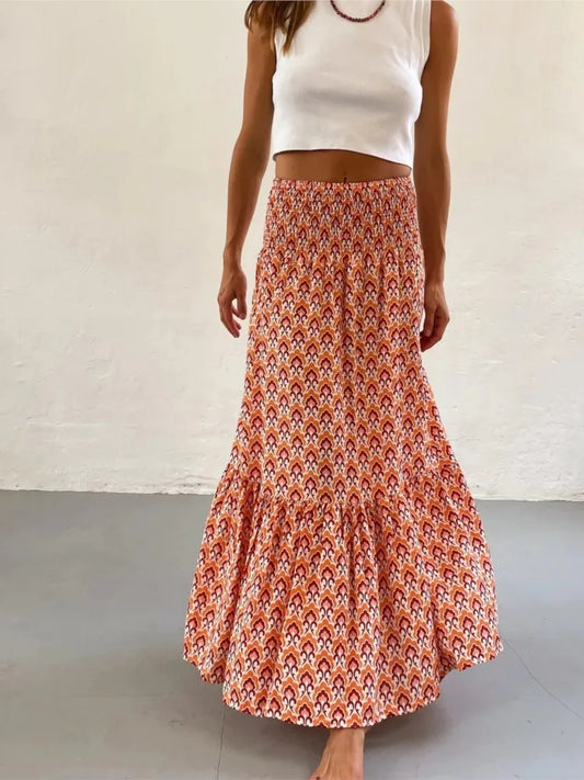 Women’s Boho Maxi Skirt – Vintage Floral Print Elastic Waist Beach Skirt for Spring & Summer