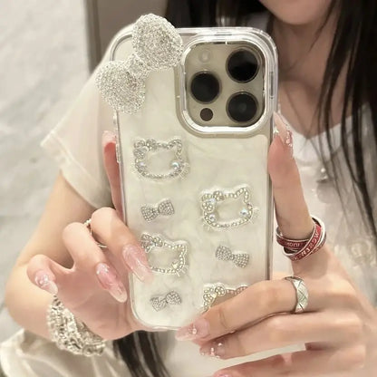 Hello Kitty Anime Diamond Three-dimensional Chain Phone Case for IPhone 11 12 13 14 15 Pro Max Plus 16Pro Shockproof Cover Gifts