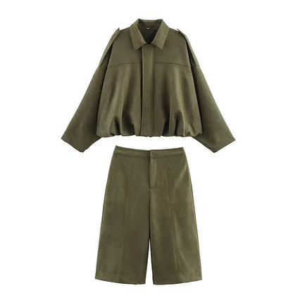 Women’s High-Waisted Casual Shorts & Long Sleeve Jacket Set – Fashion Two-Piece Outfit for Spring & Autumn