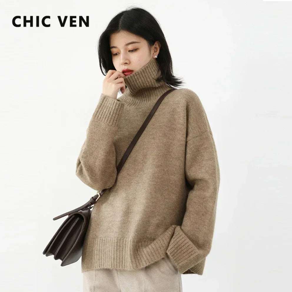 Women’s Loose Turtleneck Sweater – CHIC VEN Korean Style Warm Knit Pullover