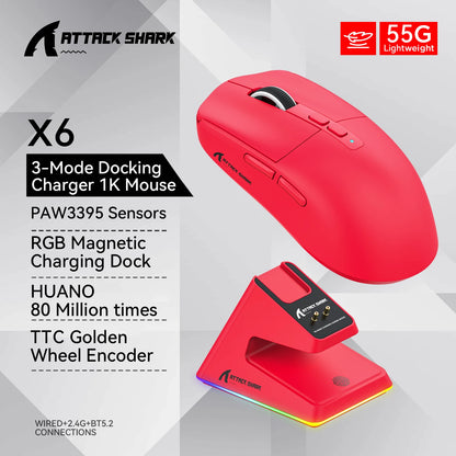 ATTACK SHARK X6 Wireless Gaming Mouse PAW3395 Sensor Tri-Mode Bluetooth RGB Magnetic Charging Base