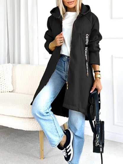 Women’s Casual Letter Printed Long Hoodie Jacket – Zipper Overcoat for Autumn & Winter | Sporty Streetwear Outerwear