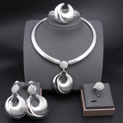 Dubai Silver Plated Luxury Jewelry Set – Women’s Necklace, Earrings, Bracelet & Ring for Wedding and Party