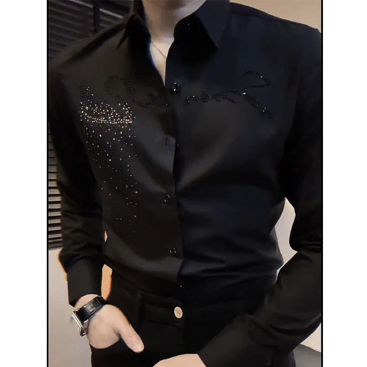 Spring Autumn Men’s Korean Fashion Rhinestone Button-Up Shirt