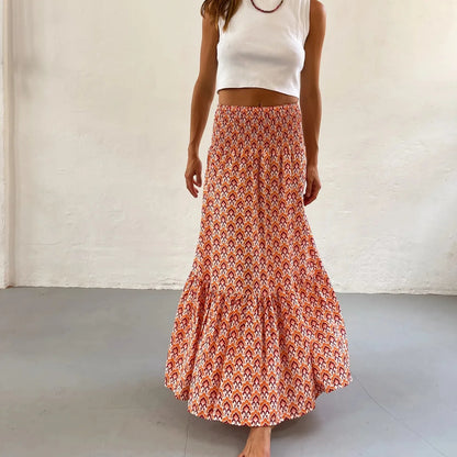 Women’s Boho Maxi Skirt – Vintage Floral Print Elastic Waist Beach Skirt for Spring & Summer