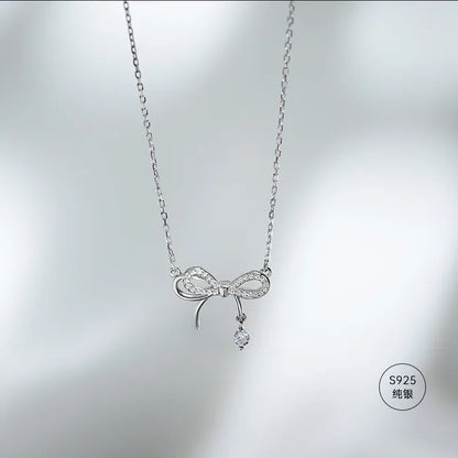 Real 925 Sterling Silver Bow Necklace – Shining Zircon Pendant Jewelry for Women, Wedding & Gift