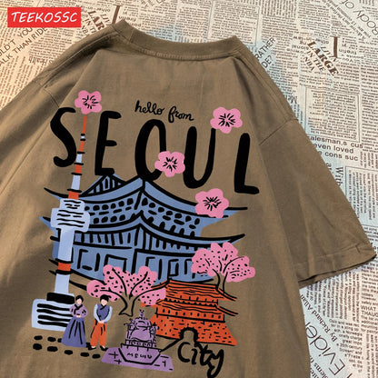 Women’s Casual Cotton T-Shirt – Seoul Scenery Printed Short Sleeve Oversize Tee | Breathable Summer TopWomen’s Clothing / Tops / T-Shirts