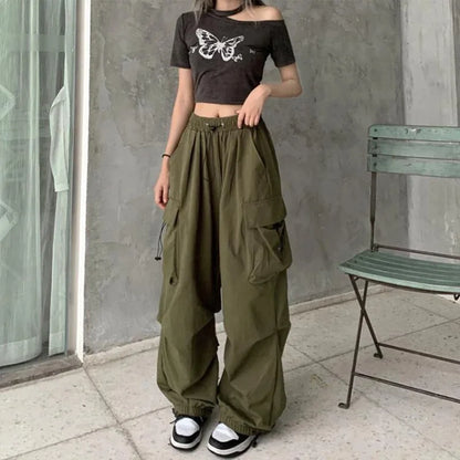 Women’s Y2K Streetwear Joggers – Low Waist Drawstring Tech Pants, Oversized Wide-Leg Baggy Sweatpants