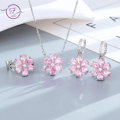 FCGJHW Pink Zircon Crystal Flower Jewelry Set – Fashion Wedding Necklace, Earrings, Bracelet & Ring for Women
