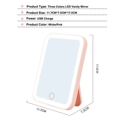 3 Colors LED Vanity Mirror with Touch Screen USB Rechargeable Dimming Makeup Mirror 3 Brightness Portable