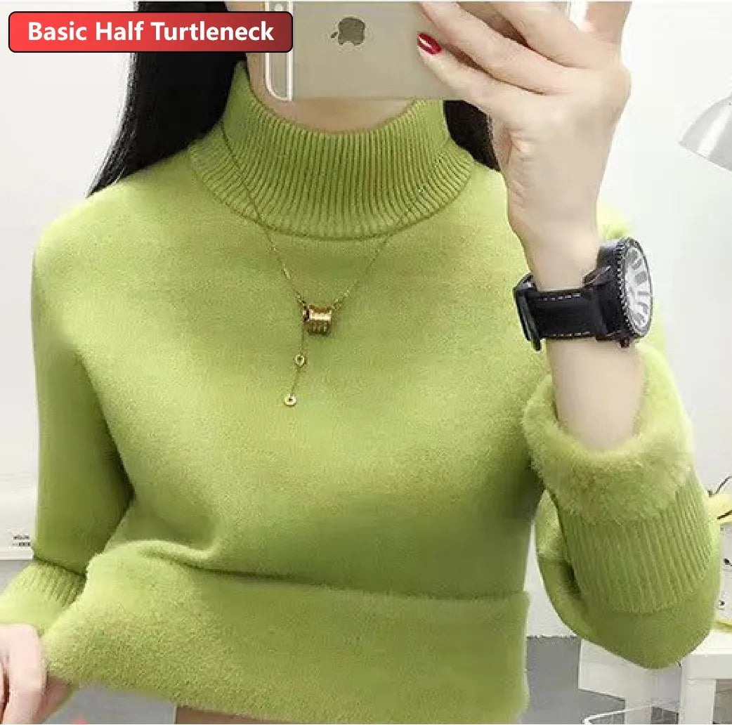 Women’s Turtleneck Knitted Sweater – Elegant Thick Velvet-Lined Warm Winter Pullover