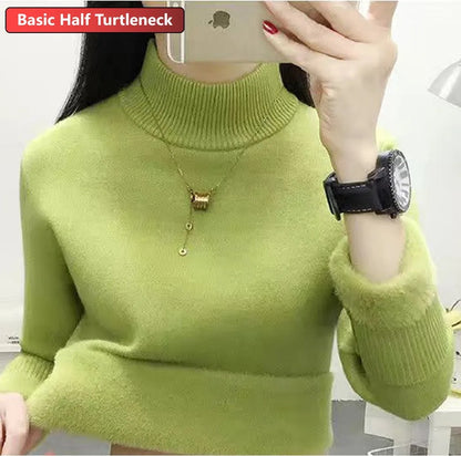 Women’s Turtleneck Knitted Sweater – Elegant Thick Velvet-Lined Warm Winter Pullover